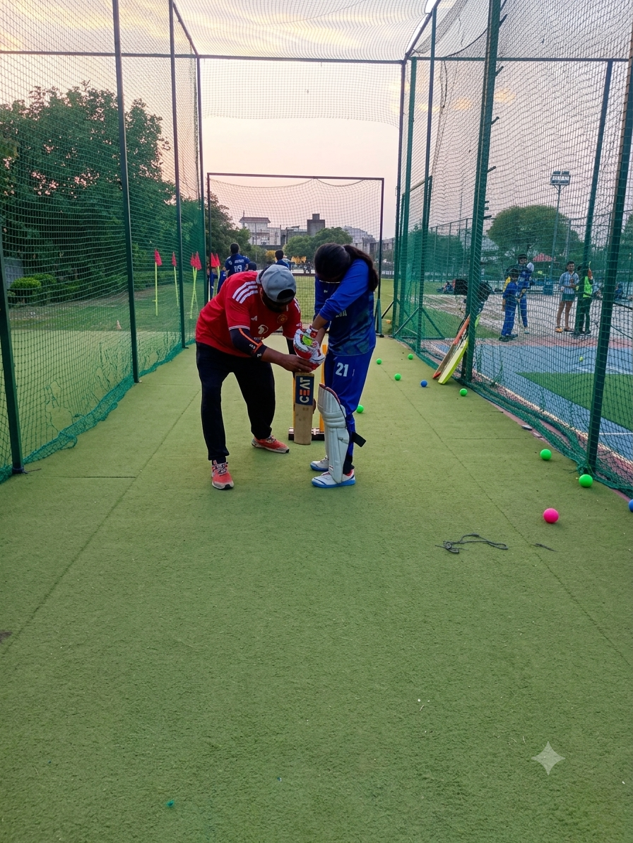 Coach training a young cricketer at Excellence Sports Academy