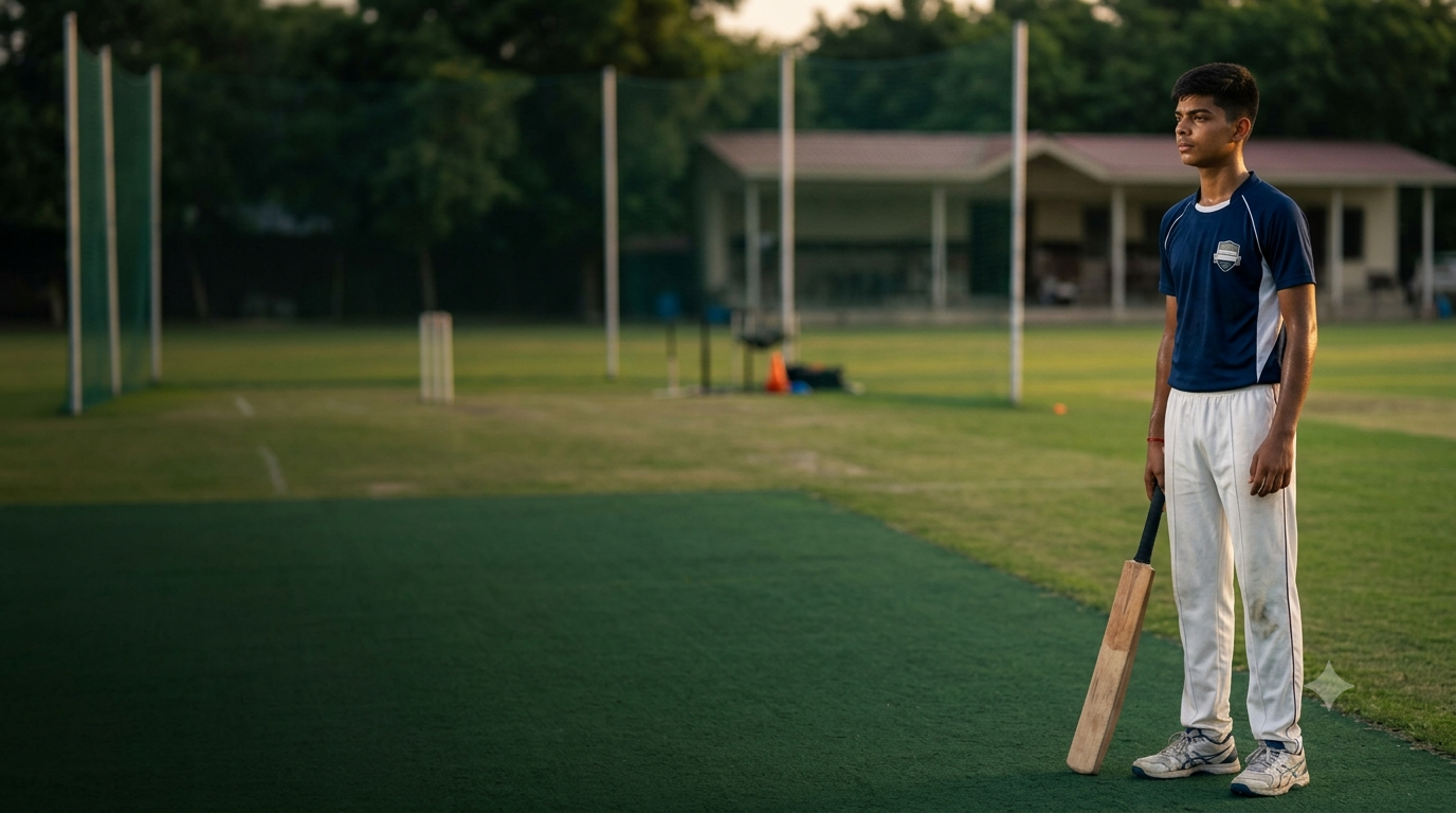 Young Indian cricketer preparing mentally before training